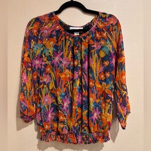 Vibrant and Sparkly Watercolor Floral Print Banded Blouse, Women’s size M